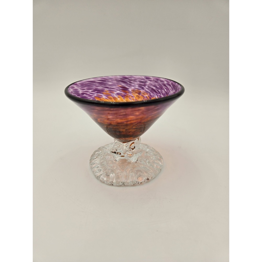 Hand Blown Studio Art Glass Footed Dessert Cup Purple & Amber Swirl Ice Foot